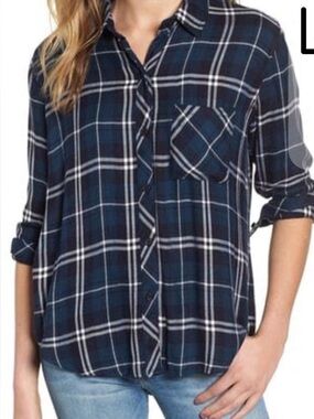 Revolve RAILS Women's Hunter Navy Plaid Button  Hi Lo Shirt SMALL
